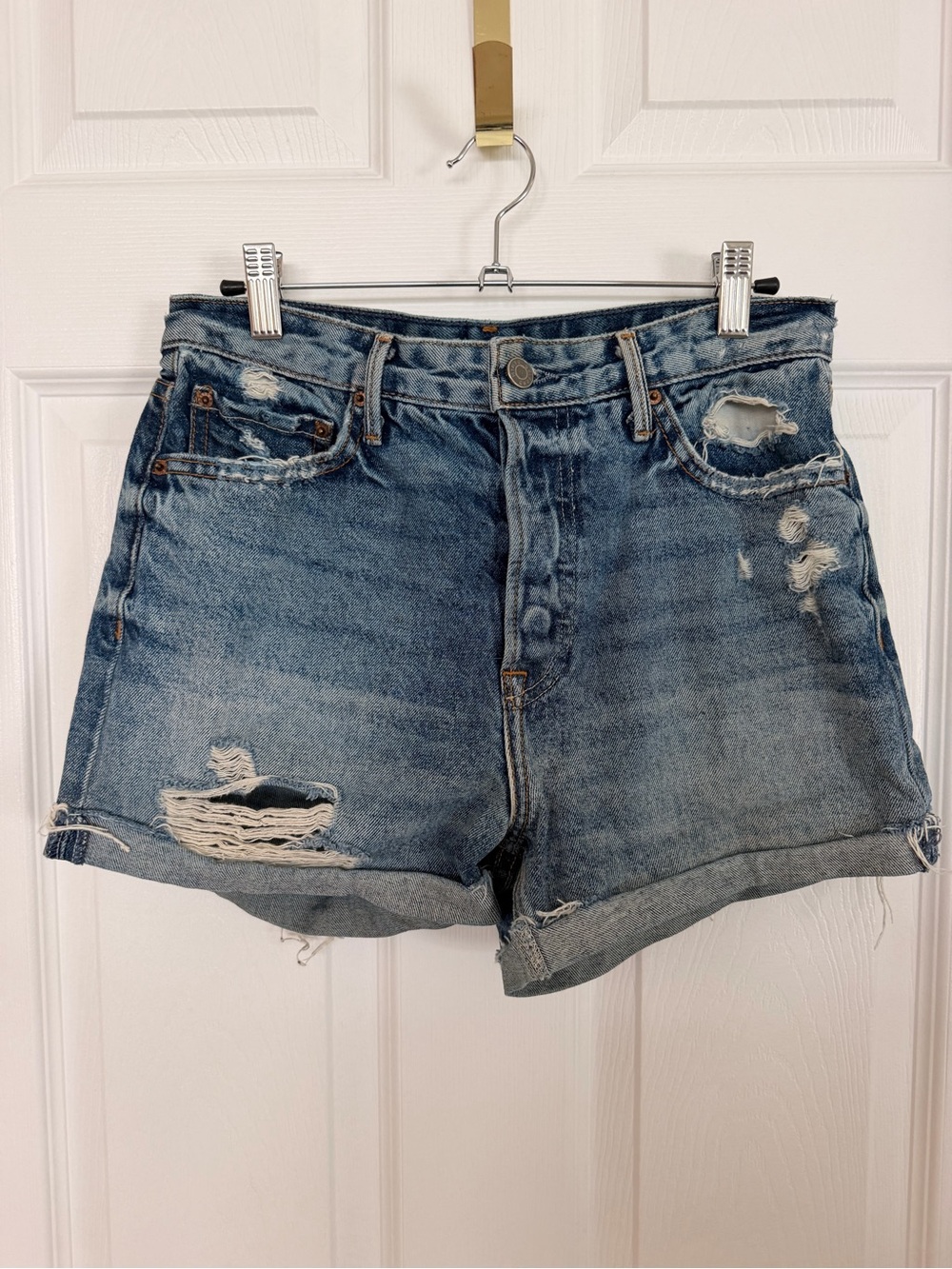 GRLFRND Faded Blue Distressed Rolled-Hem Denim Shorts